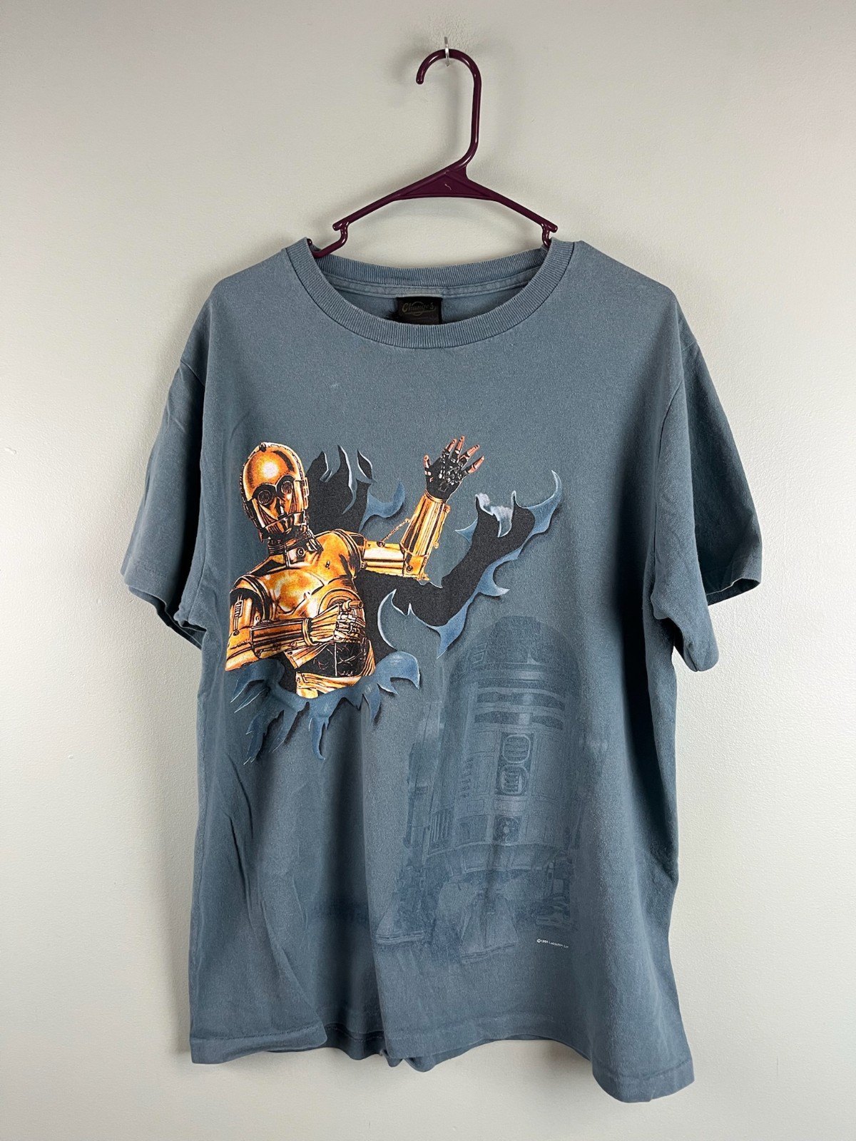 VTG 1996 Star Wars Droids Shirt Large C-3PO R2-D2 Liquid Blue Changes Disney 90s
