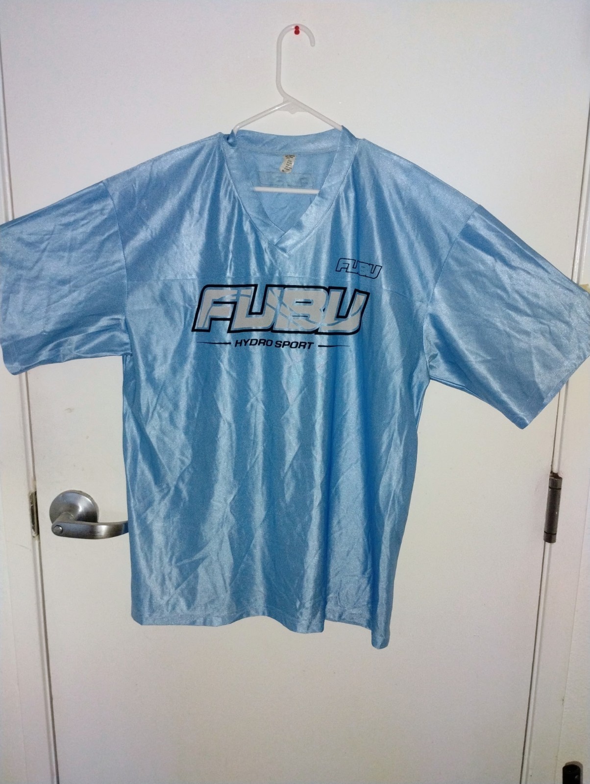 FUBU Men’s Hydro Sport Logo Tee Blue Polyester Satin V-Neck Short Sleeve XL