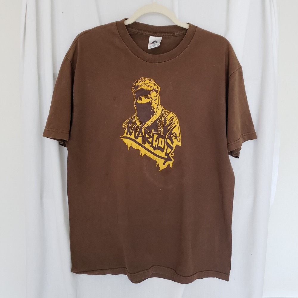 AAA Men Brown Vintage Worn Marcos Graffiti Design Short Sleeve T-Shirt Size L