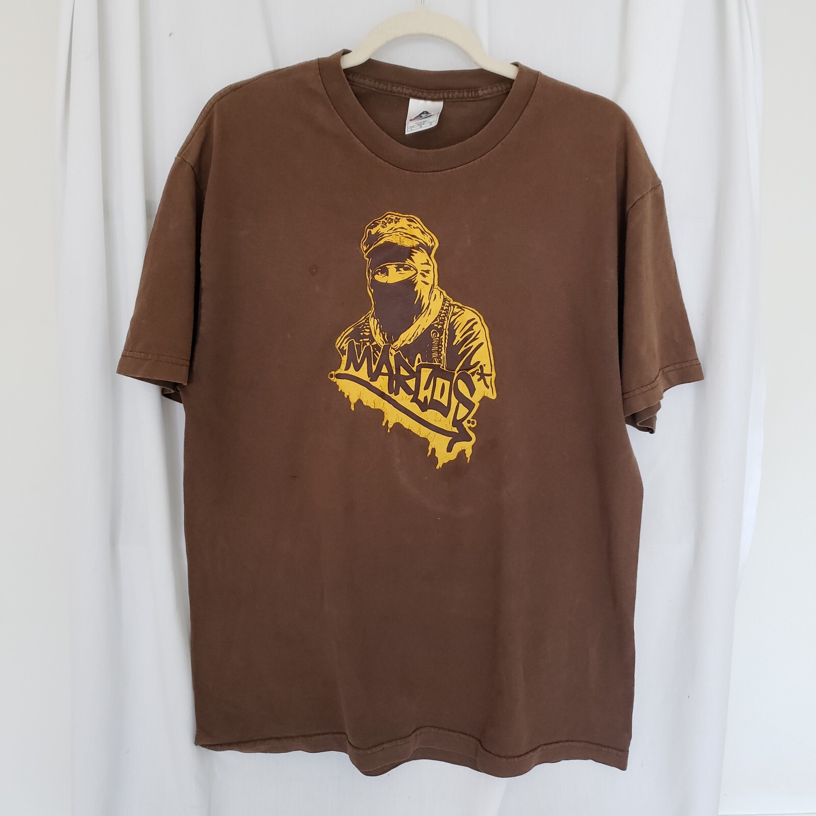 AAA Men Brown Vintage Worn Marcos Graffiti Design Short Sleeve T-Shirt Size L