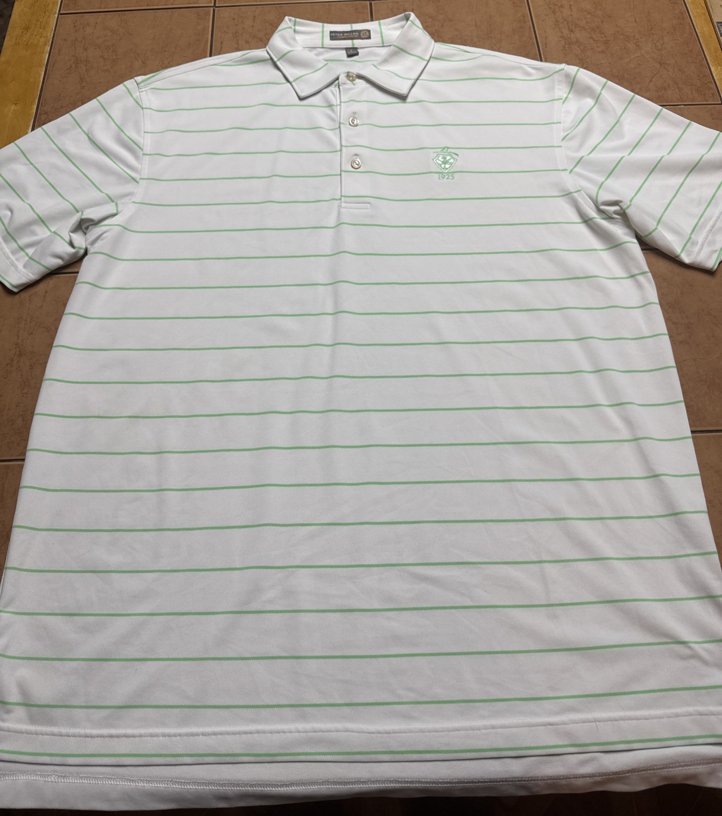 Peter Millar Summer Comfort E4 Golf Shirt Sz Large White Green Striped Logo