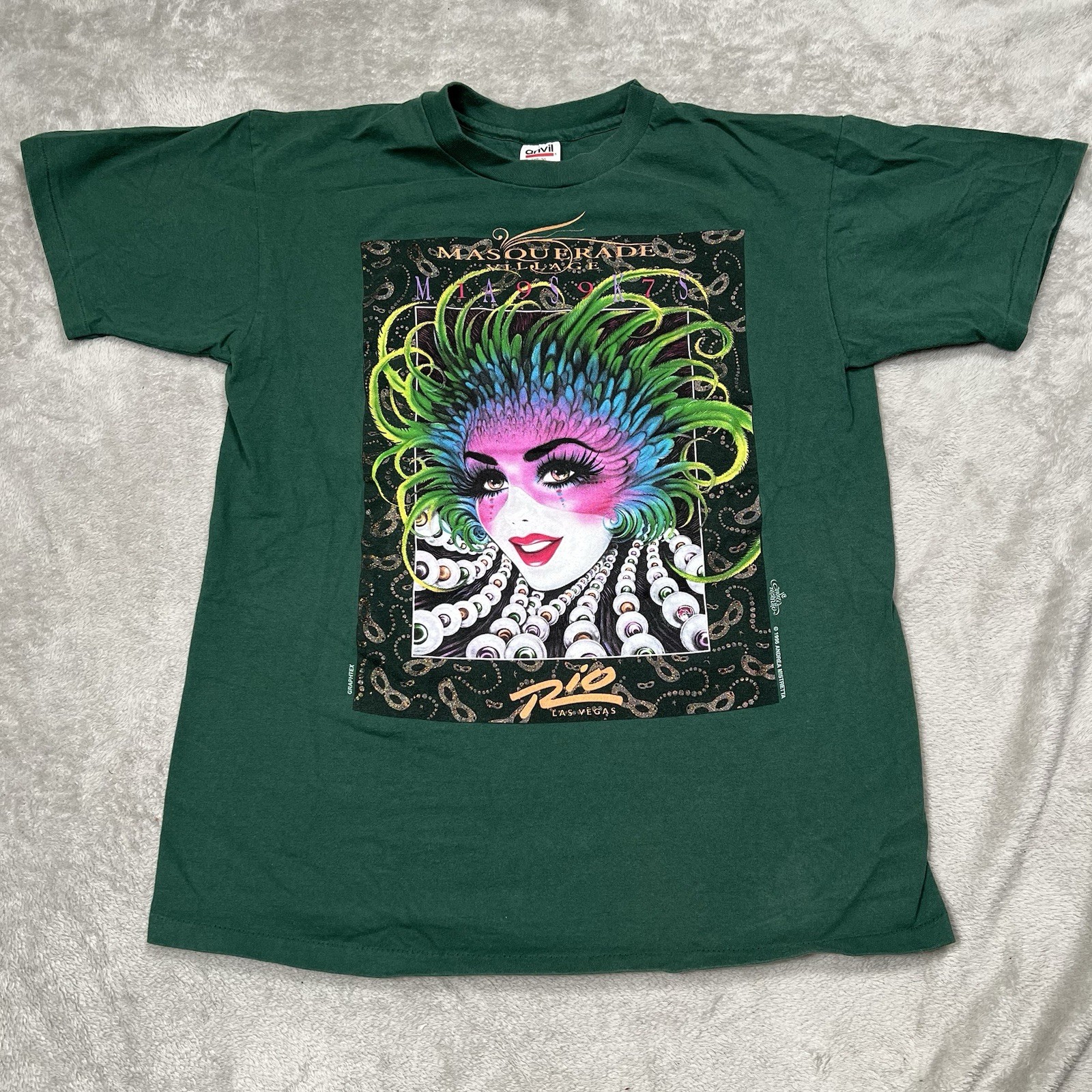 VTG Las Vegas Masquerade Tee Men L Green Single Stitch 1996 Andrea Mistretta Rio gallery
