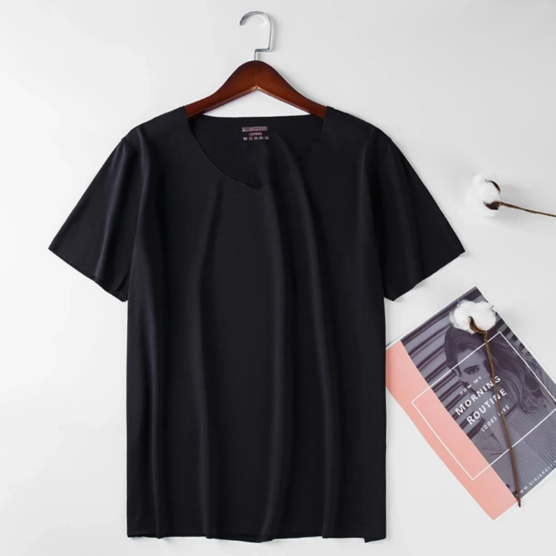 Men’s Ice Silk V-Neck T-Shirt Slim Fit Seamless Short Sleeve Summer Top