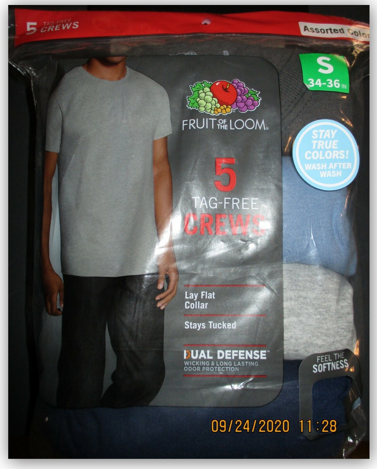 Fruit of the Loom Crew Neck t-shirt lay flat collar Stay tucked S M Blues/Grey