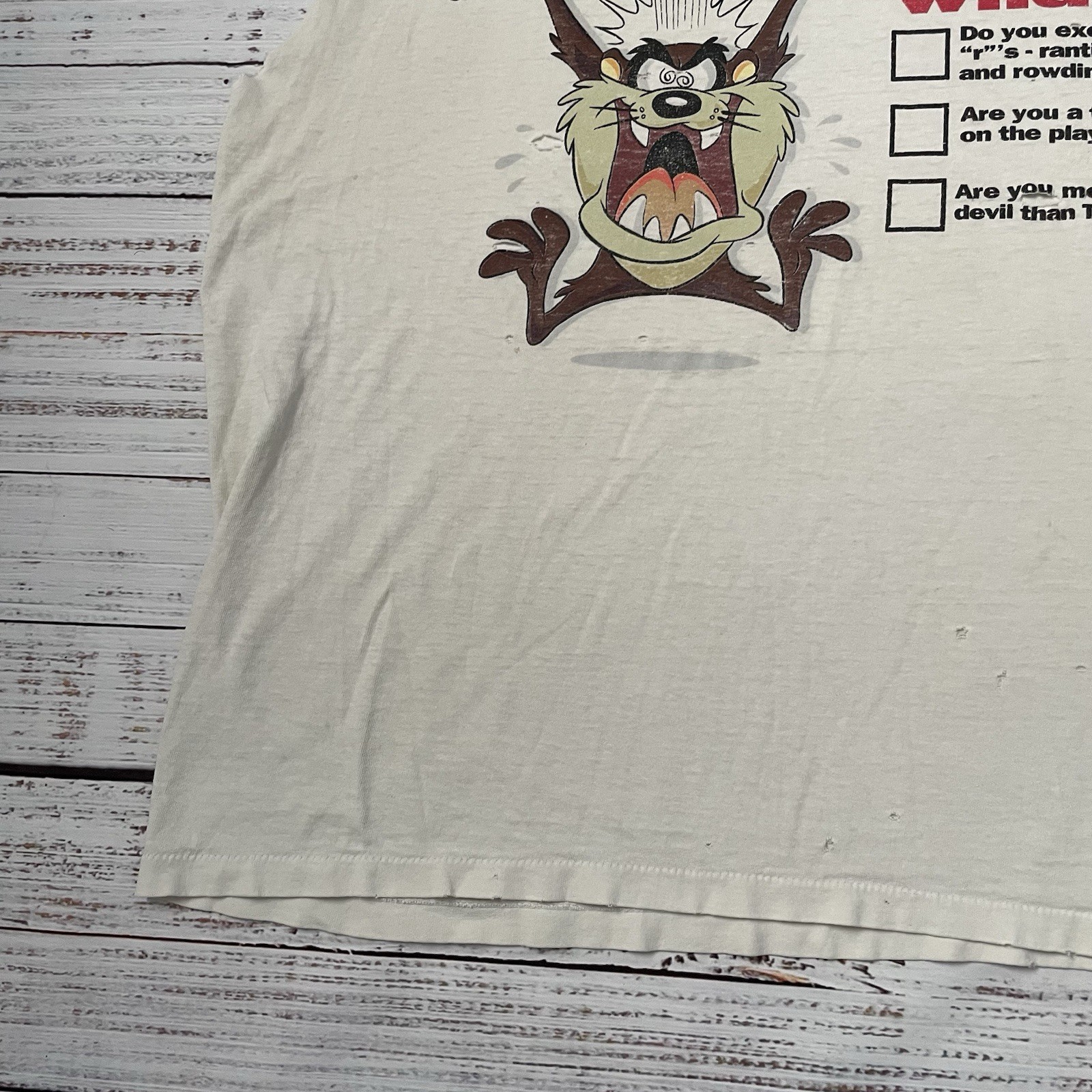 Vintage 90s Taz Looney Tunes Distressed Worn Faded Cut Off White Shirt Adult 2XL gallery