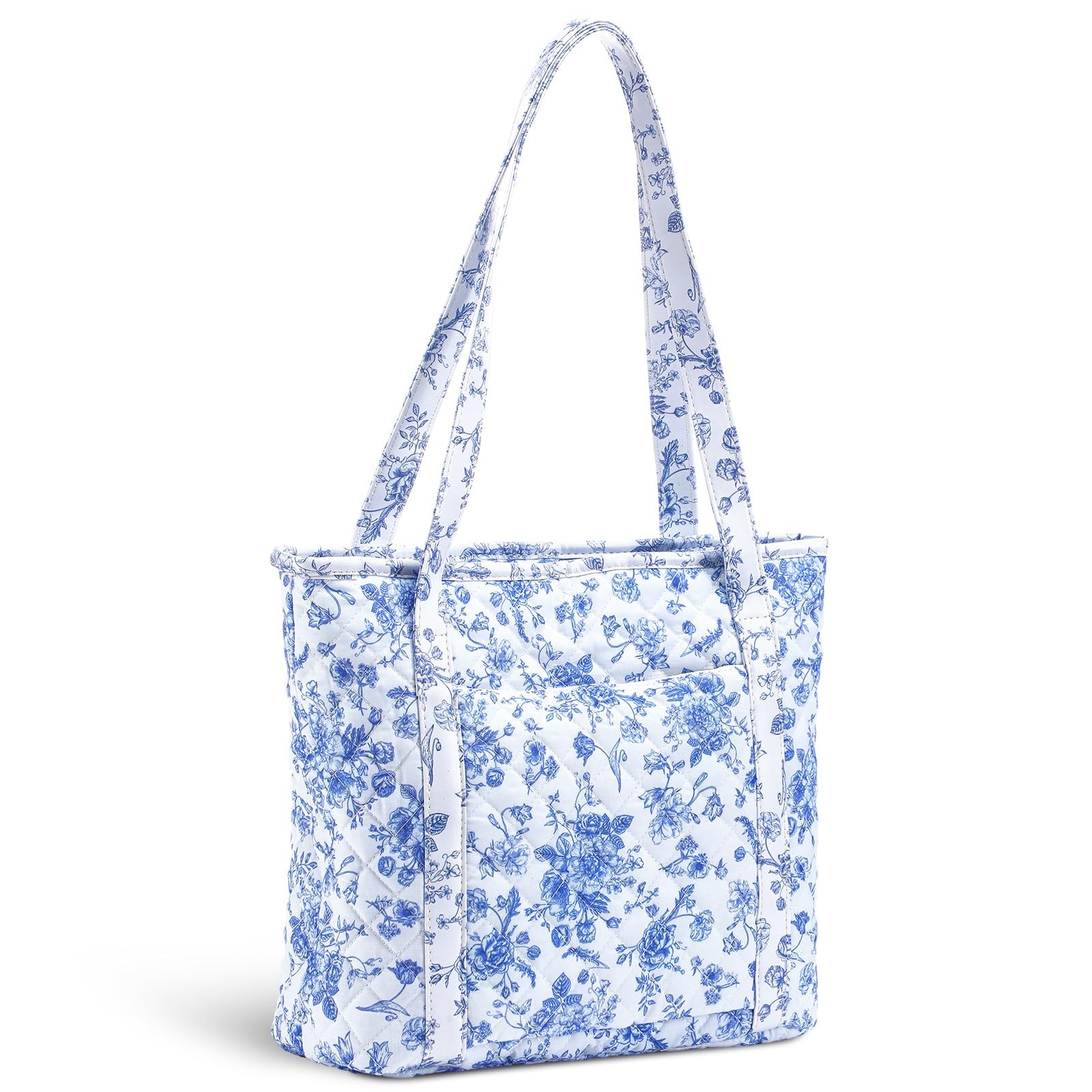 Quilted Tote Bag Large Blue Floral Cotton Shoulder Purse Zipper 12 x 15 Inches gallery