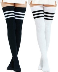 Extra Long Cotton Stripe Thigh High Socks Over the Knee High Stockings, Black…