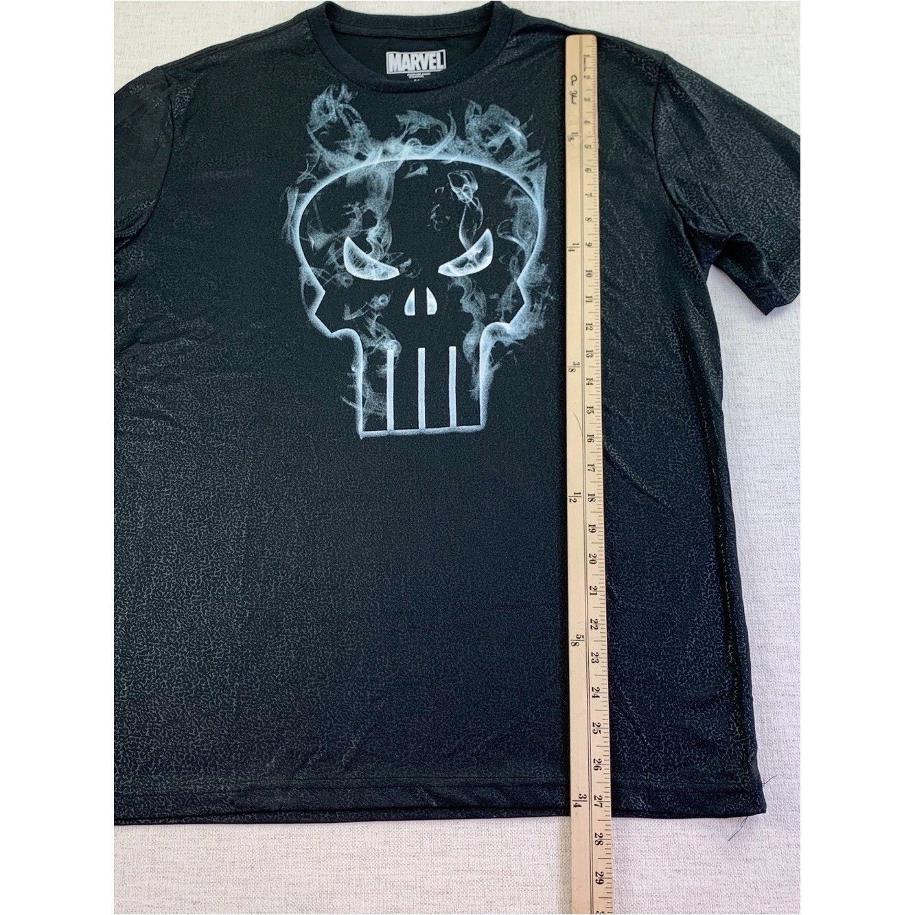 Marvel Black Short Sleeve Tee with Smoky Punisher Skull shiny textured fabric gallery