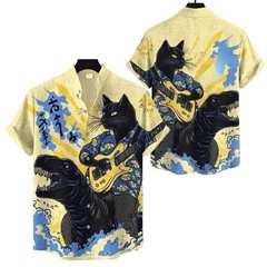 Cat Playing Guitar Dinosaur Hawaiian Shirt, Funny Retro Japanese Style Button