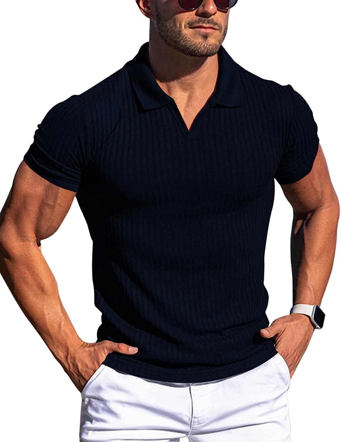 Men's V Neck Polo Shirts Slim Fit Short Sleeve T-Shirts Ribbed Knit Soft Tees gallery