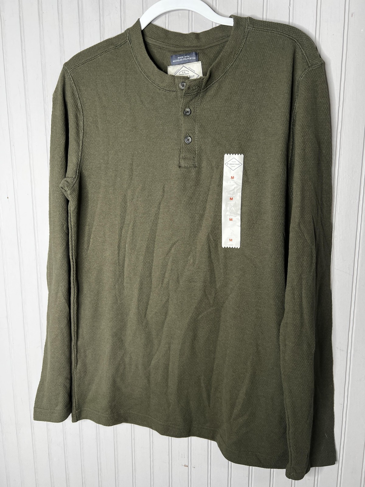 St Johns Bay Henley Shirt Mens Medium Green Long Sleeve Super Soft Pullover New