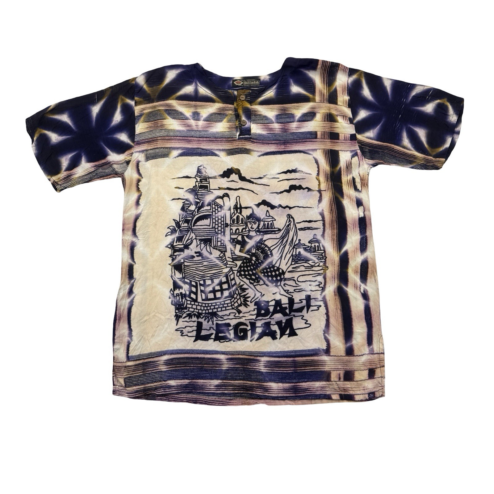 Legian Bali Shirt Mens Large L Purple Tie Dye Batik Abstract Henley Short Sleeve gallery