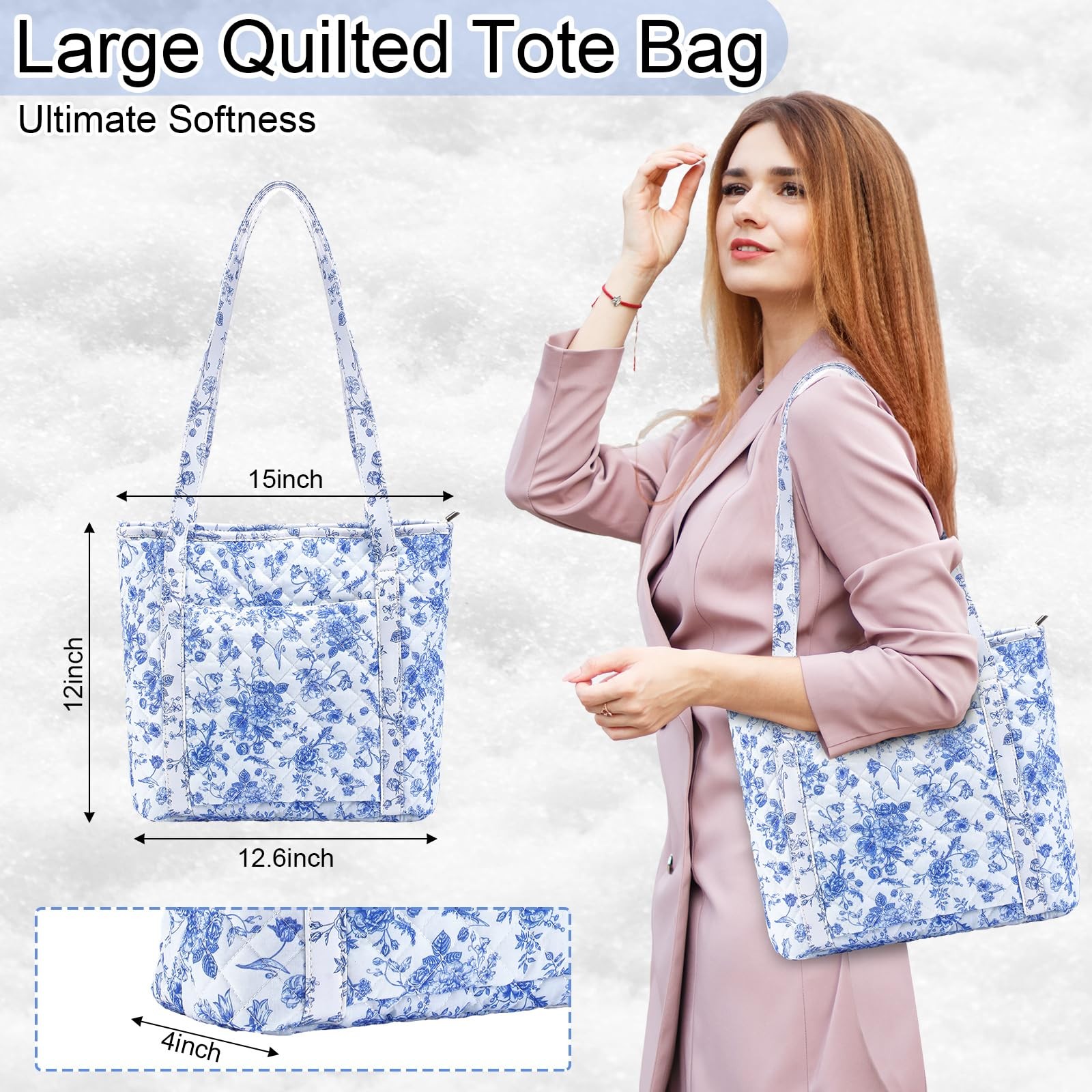 Quilted Tote Bag Large Blue Floral Cotton Shoulder Purse Zipper 12 x 15 Inches gallery
