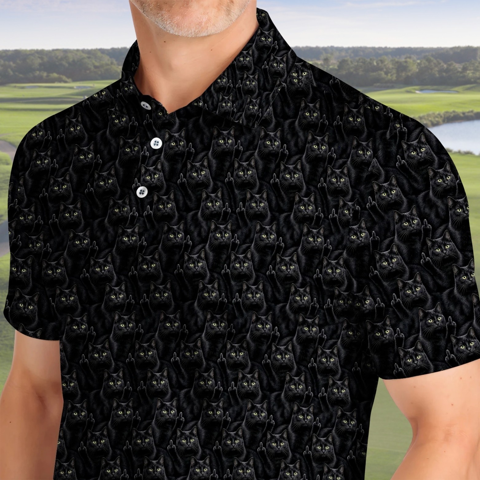 Black Cat Golf Polo Shirt Men Funny Rude Middle Finger Cat Dad Gift (S-5XL) gallery