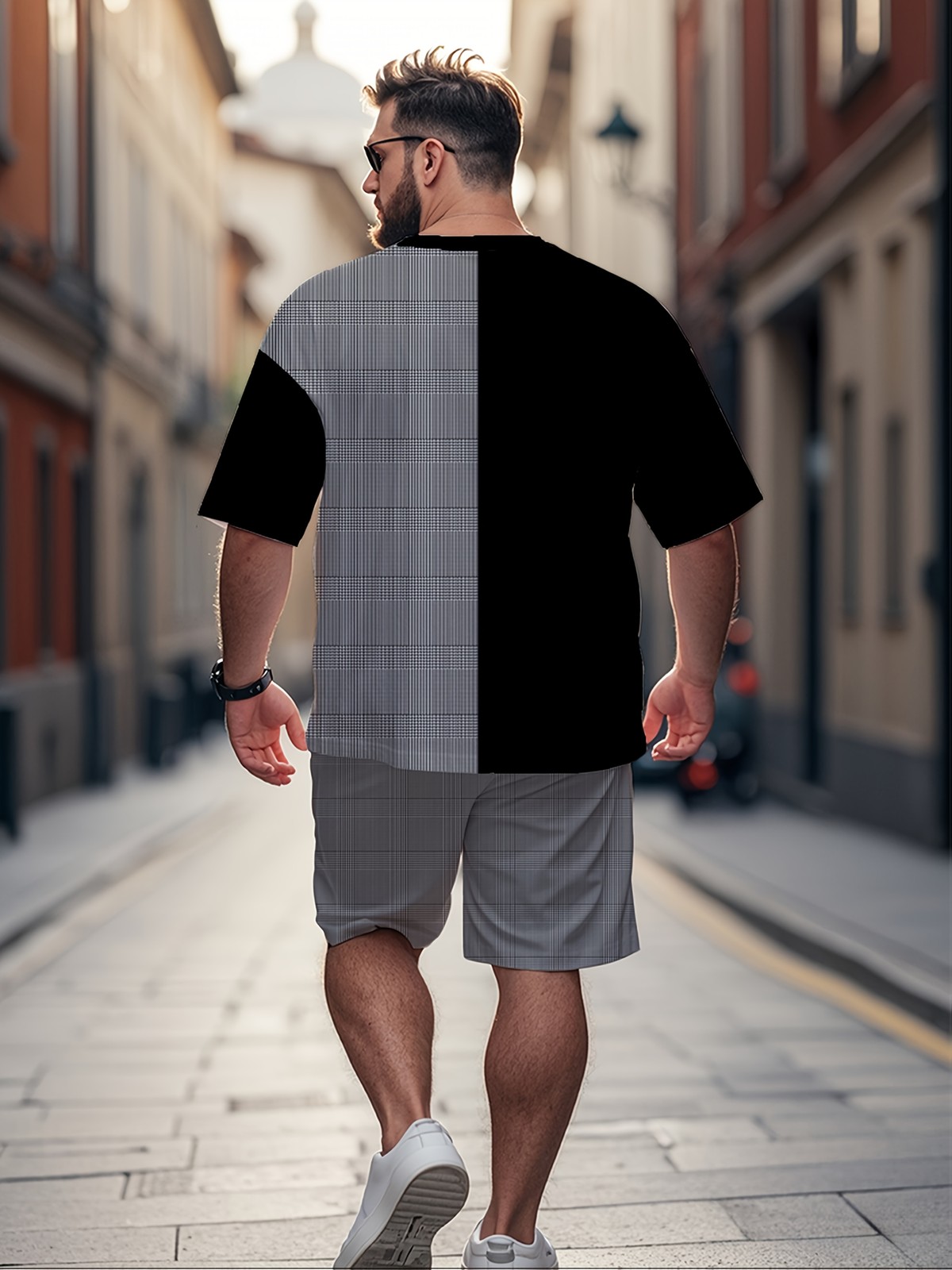 Men'S Plus Size Black And Gray Striped Contrast Print Fashion Round Neck T-Shirt gallery