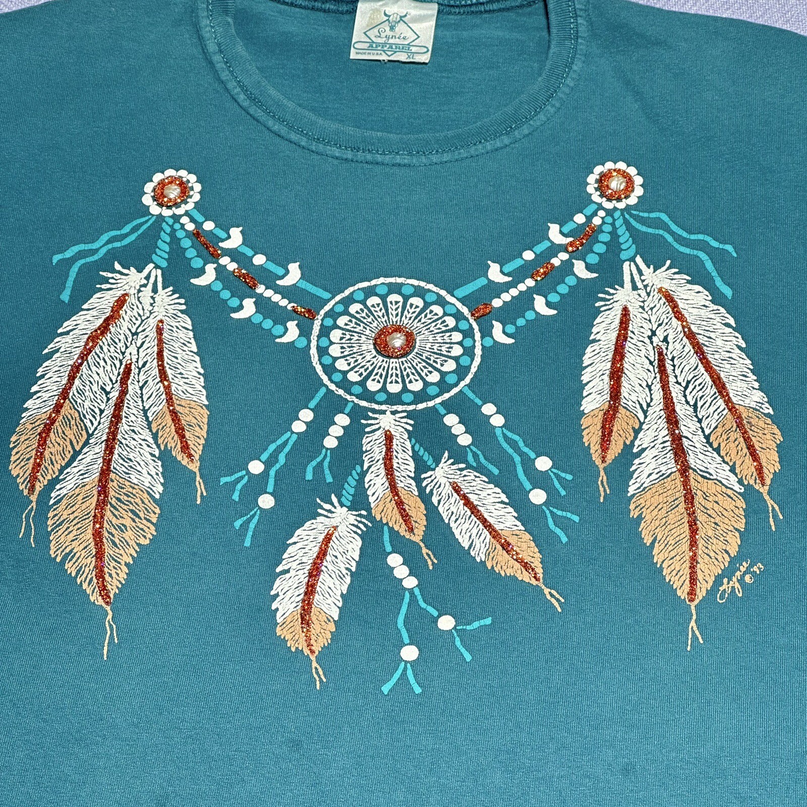 Vintage 1990s Native American Dream Catcher Teal Green T-Shirt Size XL gallery