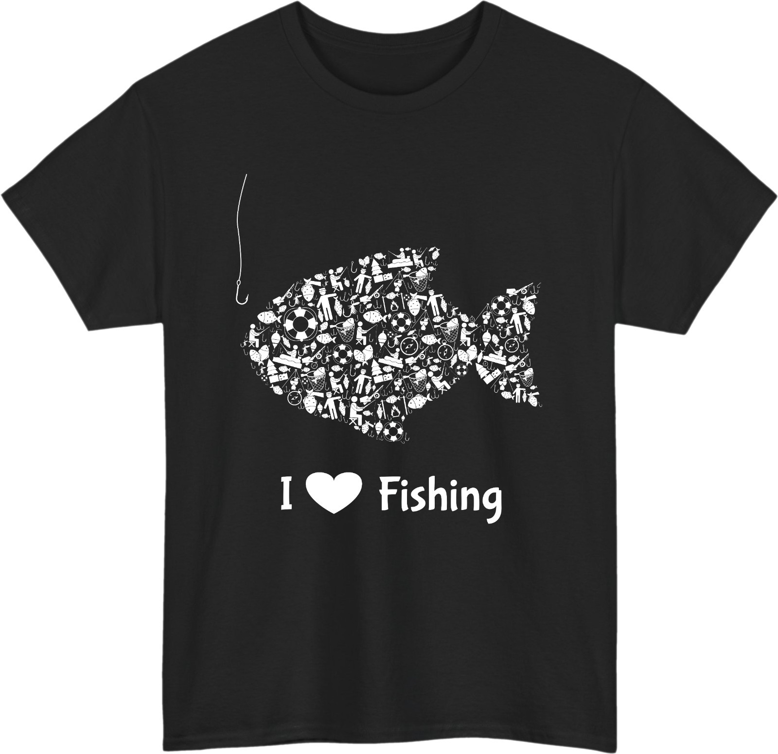 I Love Fishing Classic Outdoor T-Shirt - Creative Fish Silhouette Mosaic Tee Top gallery