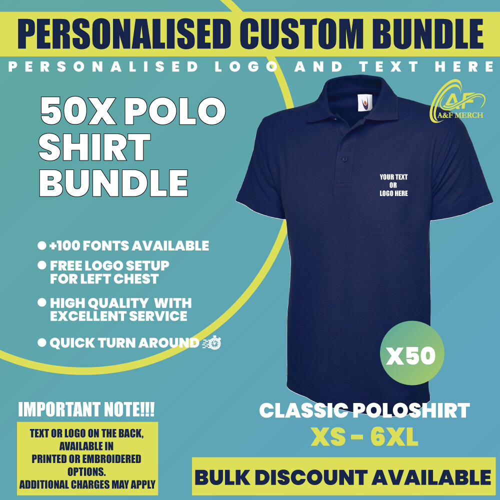 Personalised Custom Embroidered/Printed 50X Classic Polo shirt Bundle Sport Golf