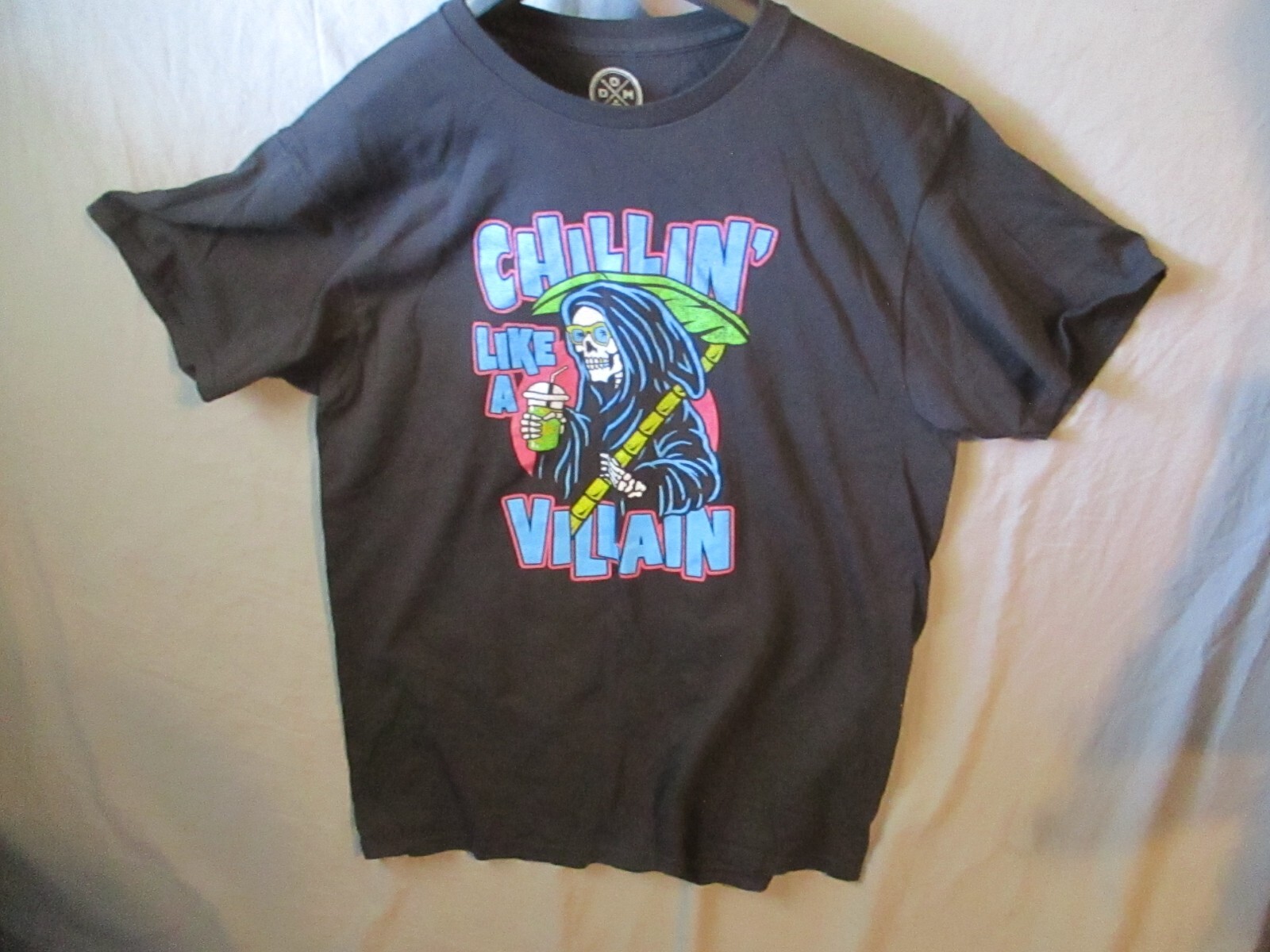 Chillin’ Like A Villian Mens T-Shirt Sz LRG Black Skull Grim Reaper 100% Cotton gallery