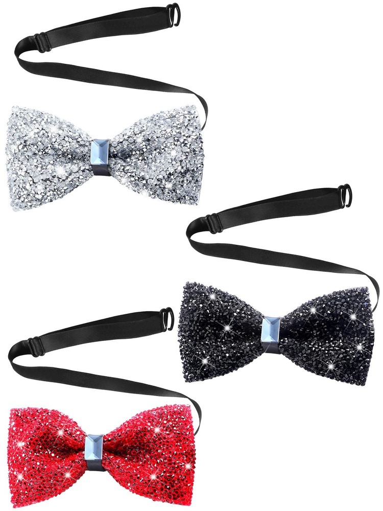 3 Pieces Rhinestone Bow Ties Men Pre Tied Bow Ties with Adjustable Length Men Gl
