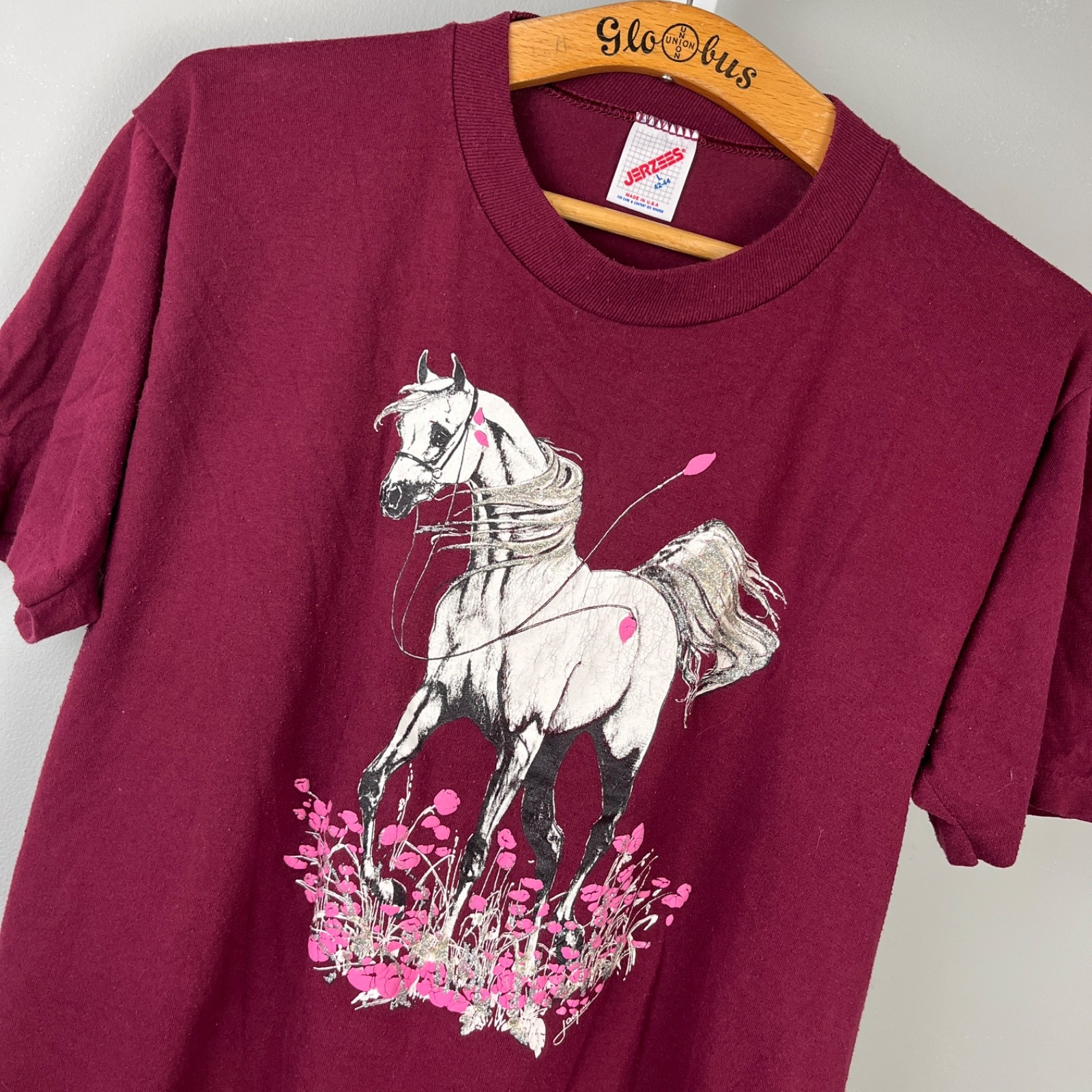 Vintage 80s/90s Jerzees Graphic T-Shirt Unisex L Horse Floral Glitter USA gallery