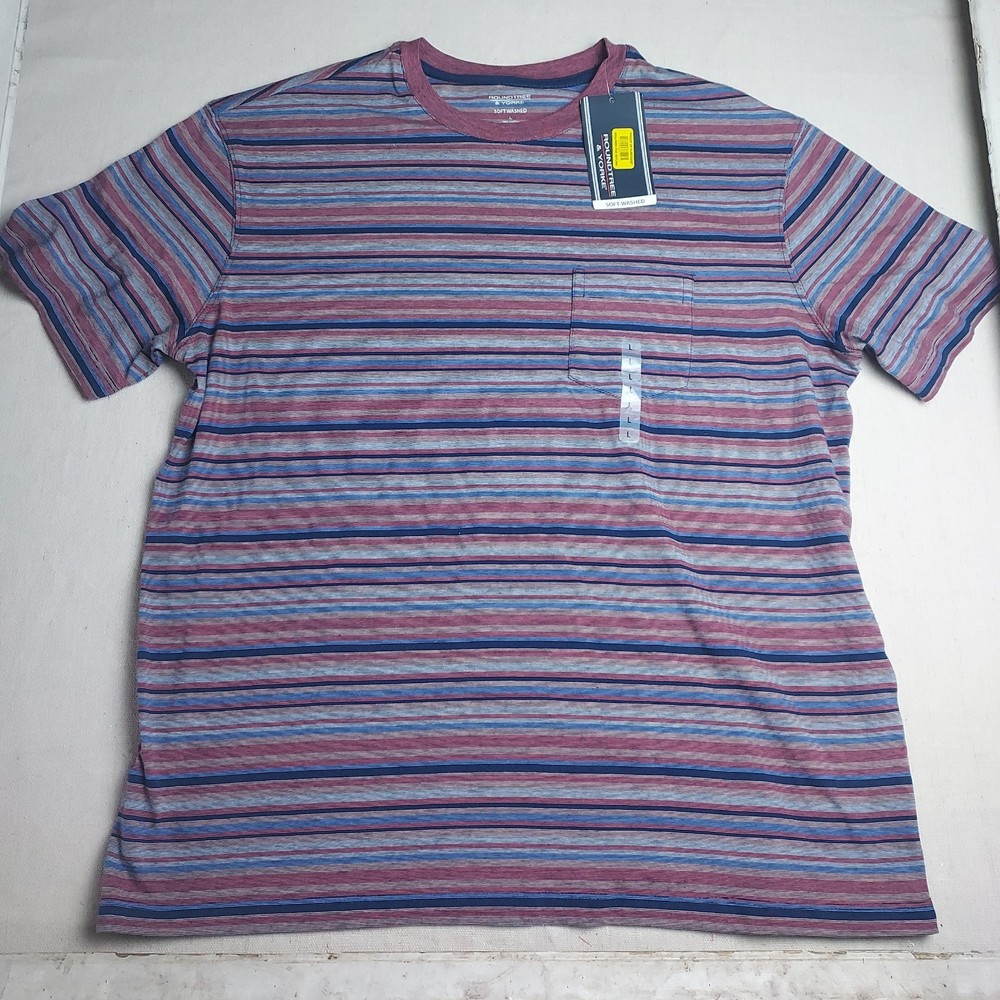 Roundtree & Yorke Mens Large Striped Pocket T Shirt Blue Pink Cotton Soft