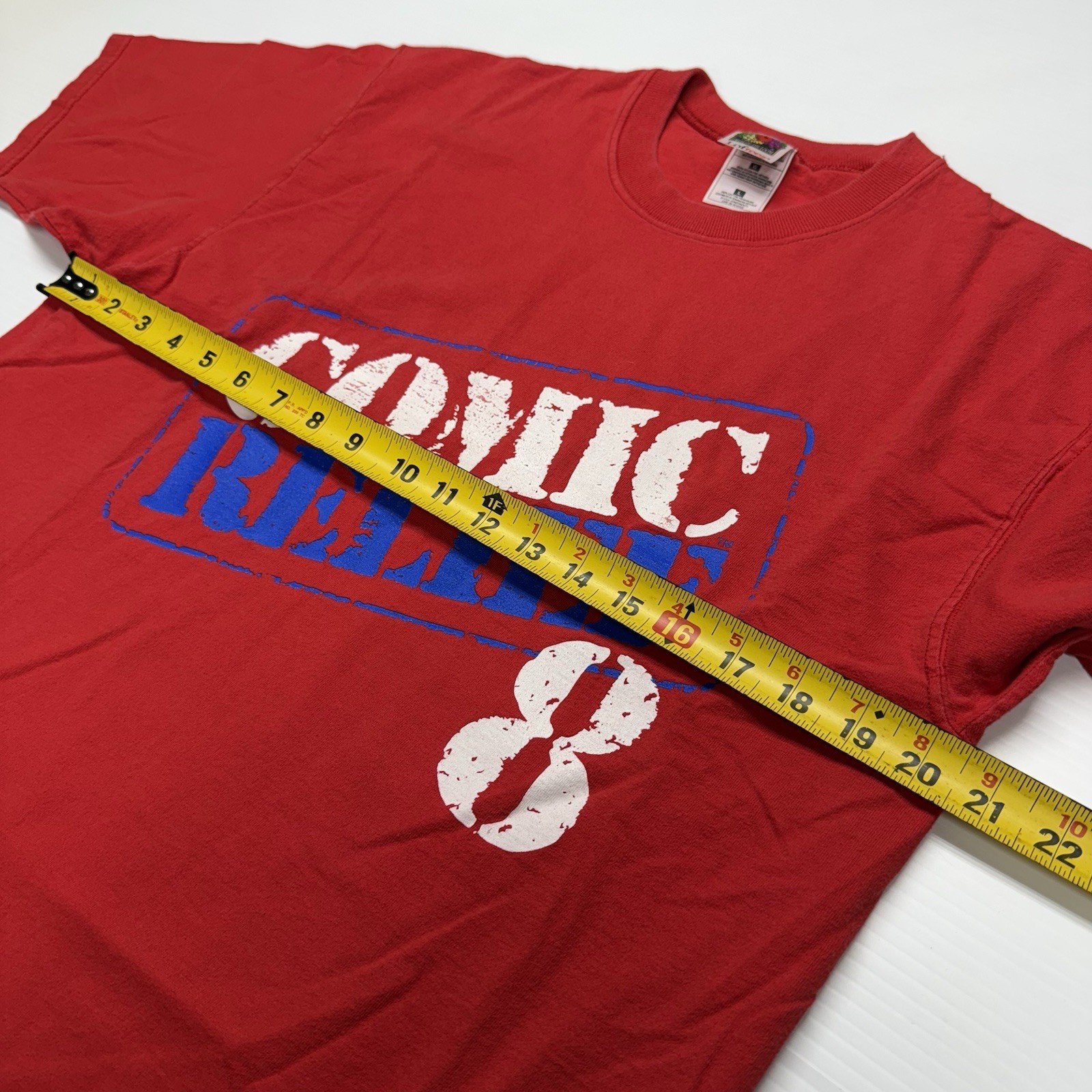 Vtg Fruit of the Loom Mens Comic Relief 8 Movie Promo Logo T-Shirt L Red Funny gallery