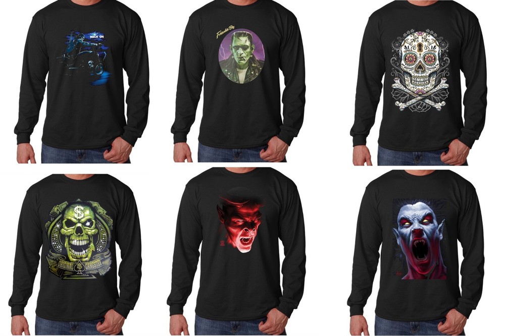 Monsters Long Sleeve Shirt Frankenstein Skull Devil Vampire Rider Halloween
