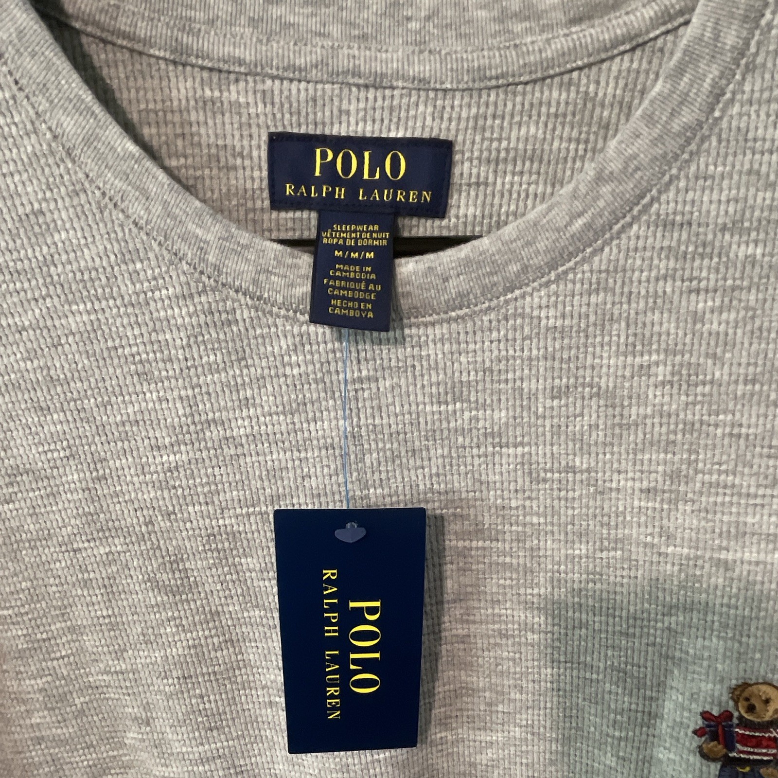 Polo Ralph Lauren Polo Bear Gray Waffle-Knit Crewneck Pullover Thermal Shirt M gallery