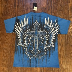 Jaqwin Gothic Winged Cross Skull Shirt Mens L NWT Blue Heavyweight Drop Shoulder