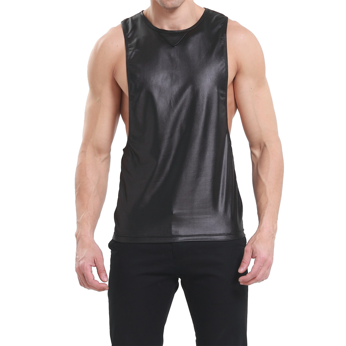 Mens Faux Leather Tank Top Vest T-Shirts Wet Look Sleeveless Tops Shirt Clubwear gallery