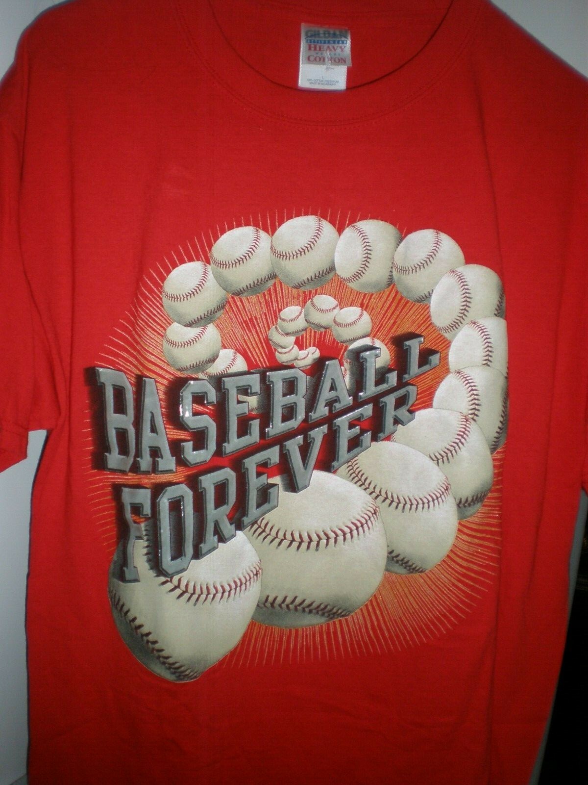 NEW Gildan Heavy Cotton SHORT Sleeve BASEBALL FOREVER RAISED PICTURE RED SIZE L