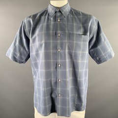 PERRY ELLIS Size L Blue Grey Plaid Rayon Blend Pointed Collar Short Sleeve Shirt