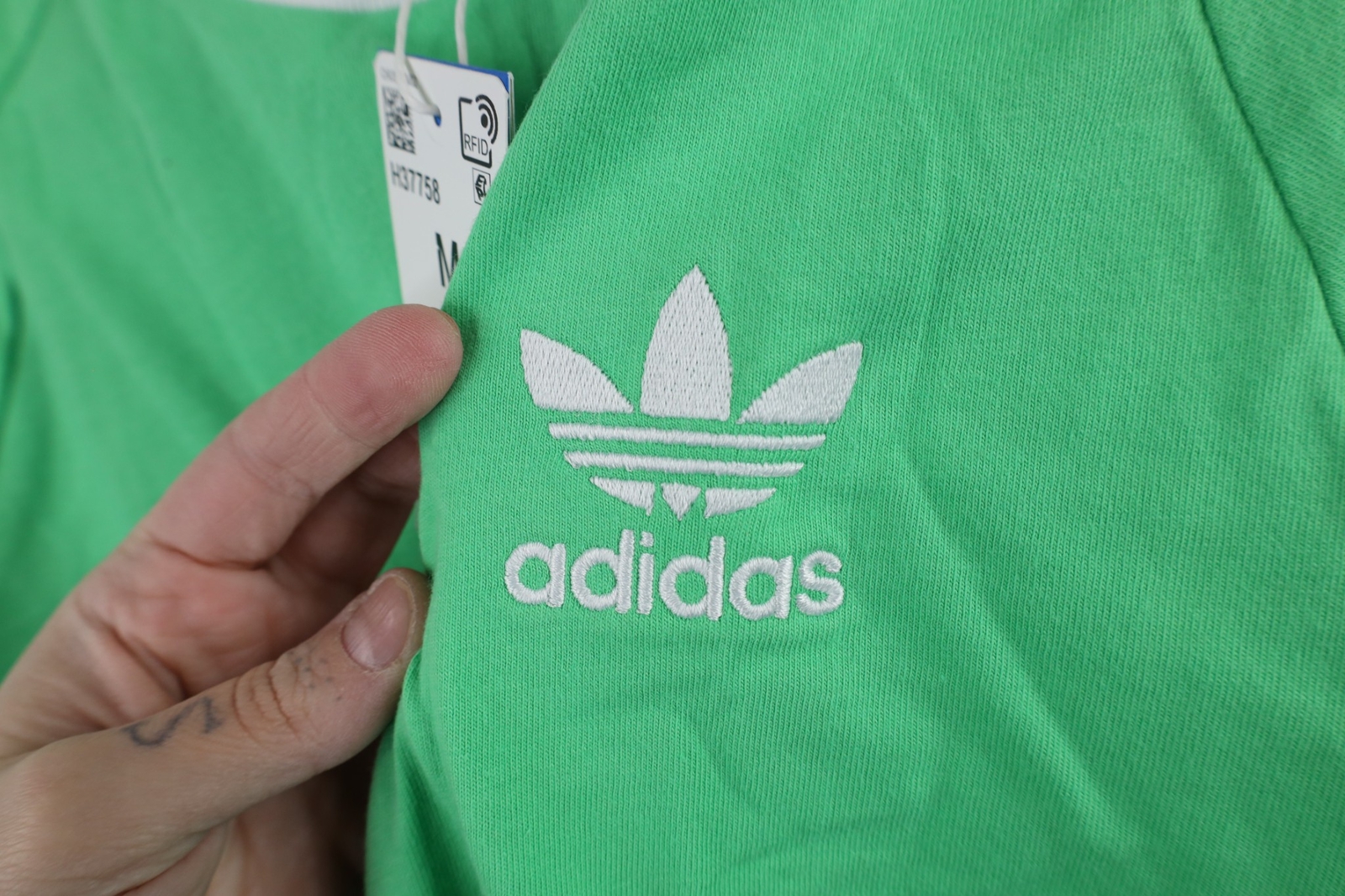 New Adidas Mens M Spell Out Trefoil Striped Short Sleeve Ringer T-Shirt Green gallery