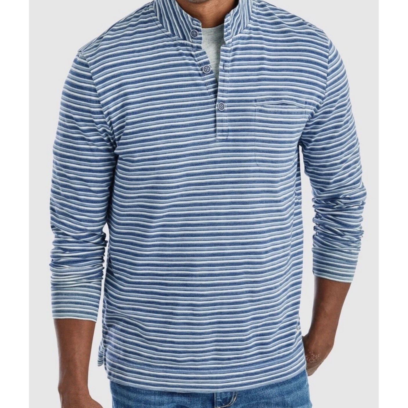 Johnnie-O Hangin Out Mens XL Blue Striped Long Sleeve Henley Shirt Stand Collar