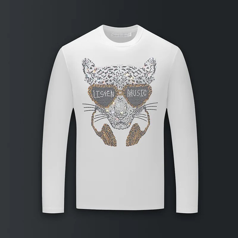 Fashion Leopard Trend Rhinestone Long Sleeve Luxury Men T-Shirt Plus Size 6XL gallery