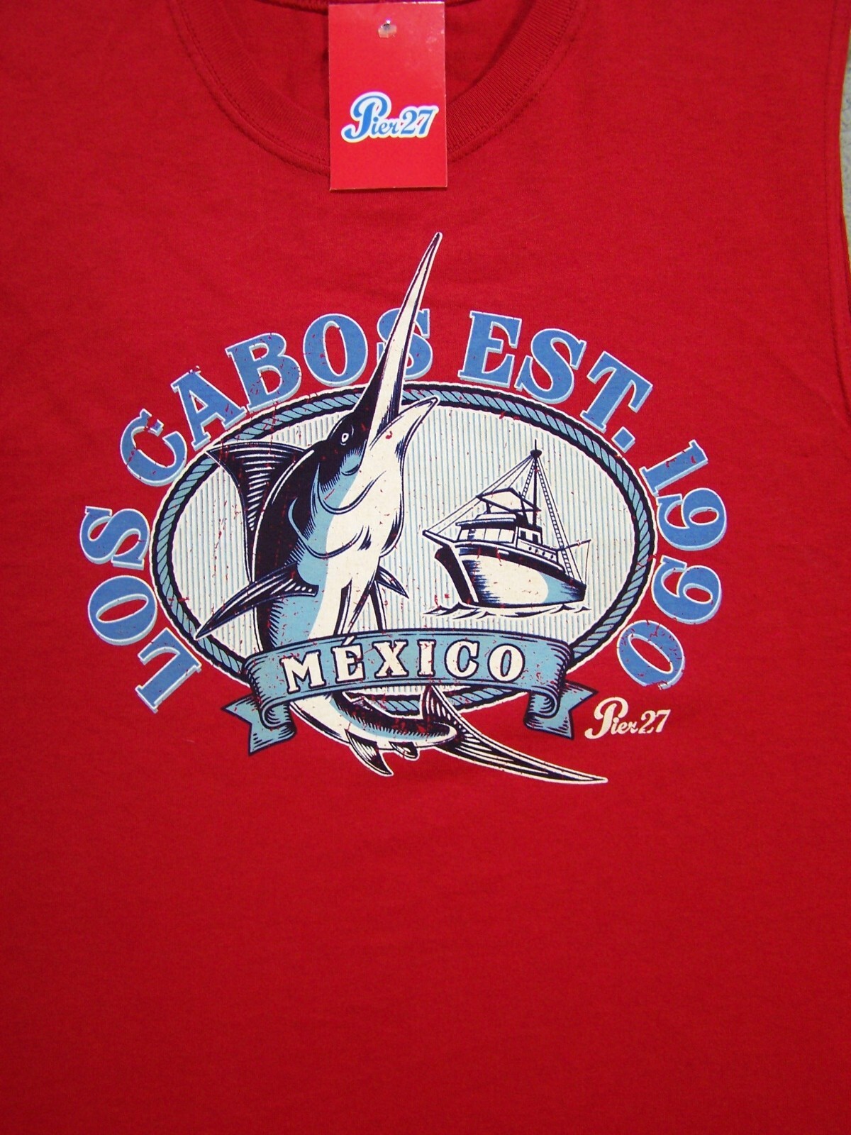 Los Cabos Tank Top Adult Medium Red Graphic Marlin Ocean Beach Outdoor Mens gallery