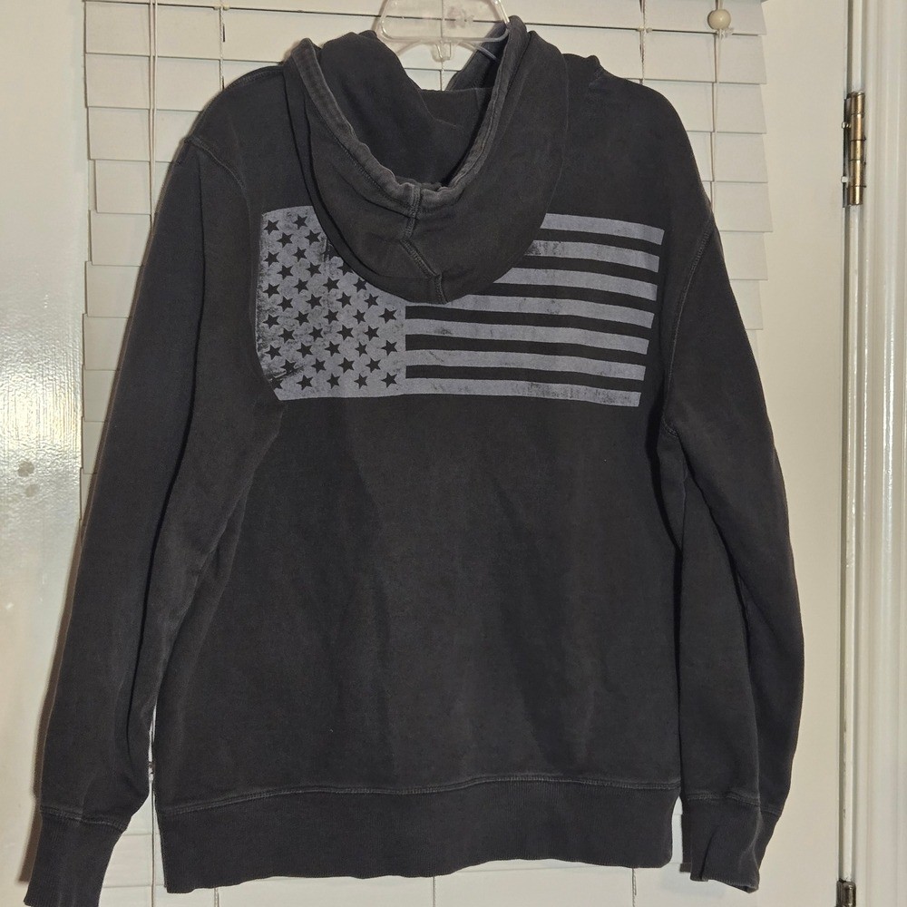 MEN'S HOODIE SWEATSHIRT Lucky Brand Gray Pullover Kangaroo Pocket Sz L Flag gallery