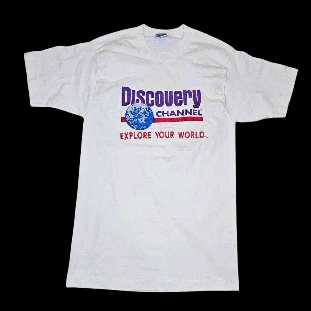Retro Discovery Channel Embroidered T-shirt Shirt White Sz Small TALL Retro 90s