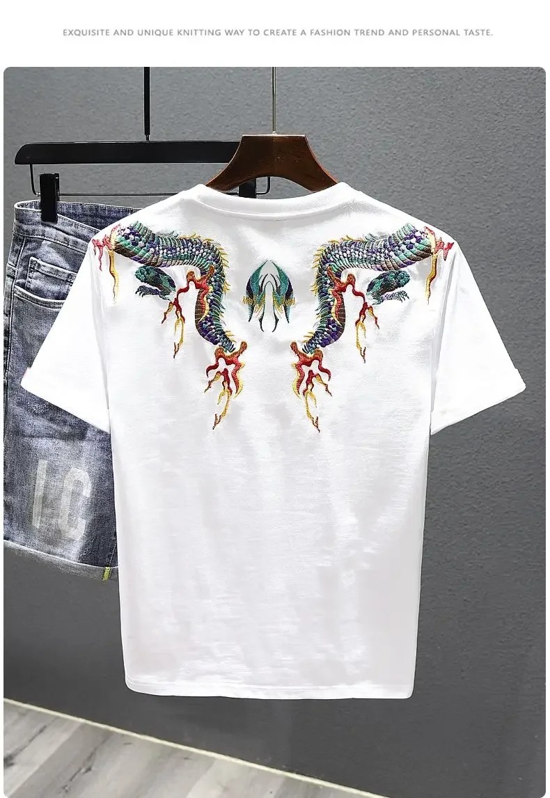 Men's Dragon Embroidered T-Shirt Casual Short Sleeve Summer Ethnic Style Top gallery