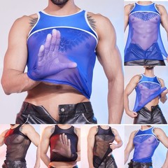 Sheer Mesh Patchwork Tank Top Men Sleeveless Crew Neck Shirt Singlets Clubwear