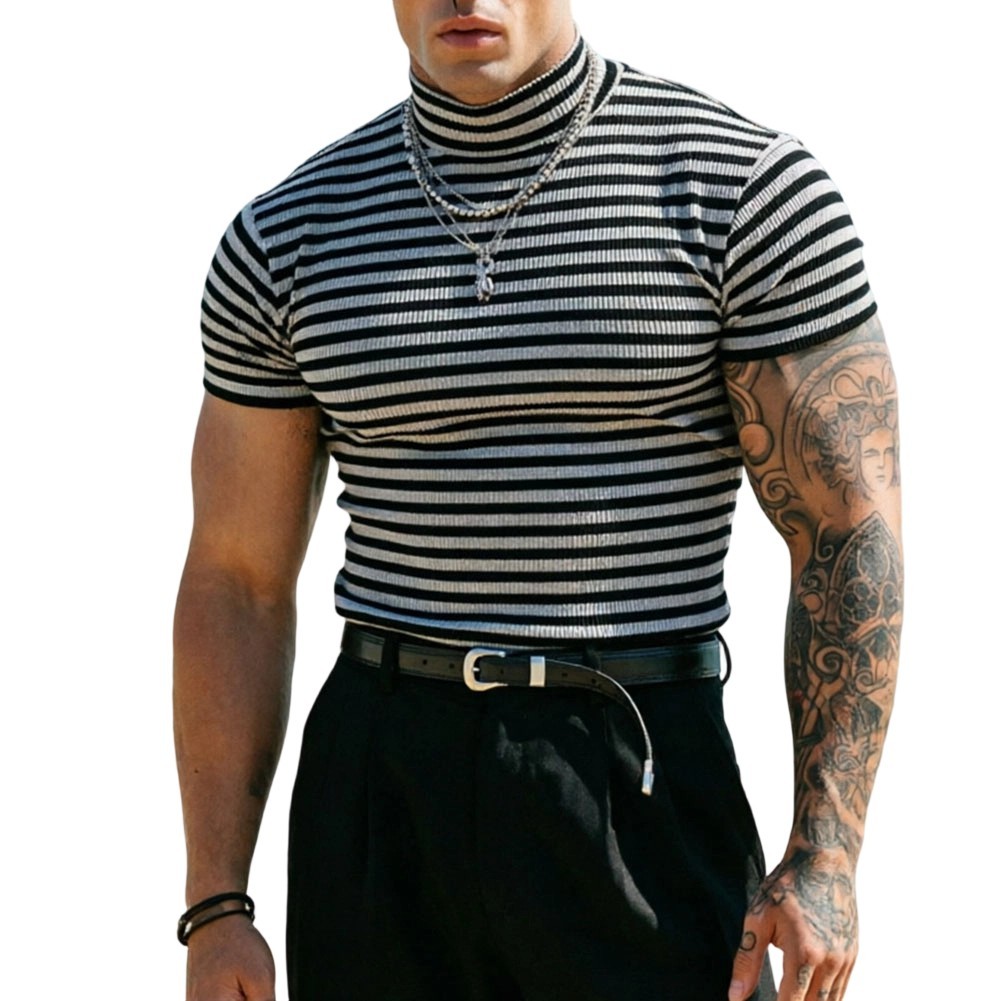 For Gym Workout Men Turtleneck T-Shirt Short Sleeve Tee 95% Polyester 5% Spandex gallery