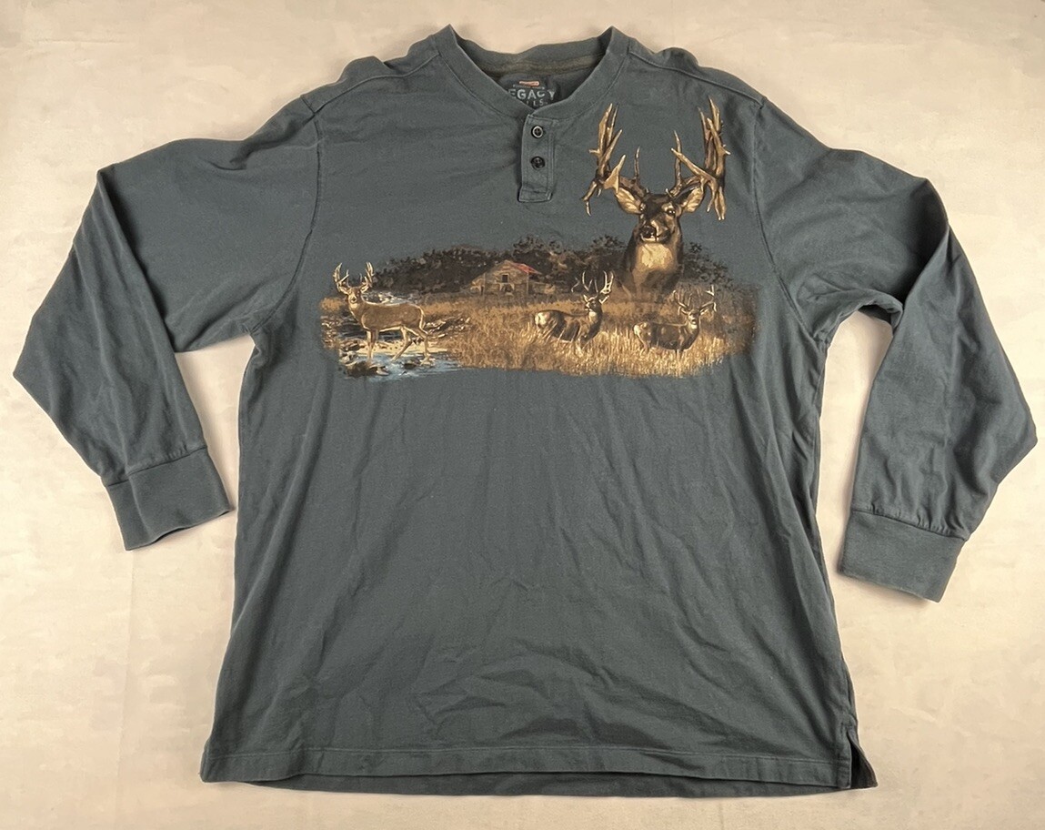 Legacy Falls Whitetail Buck Deer Hunter Outdoors Blue Henley Shirt Mens Size XL