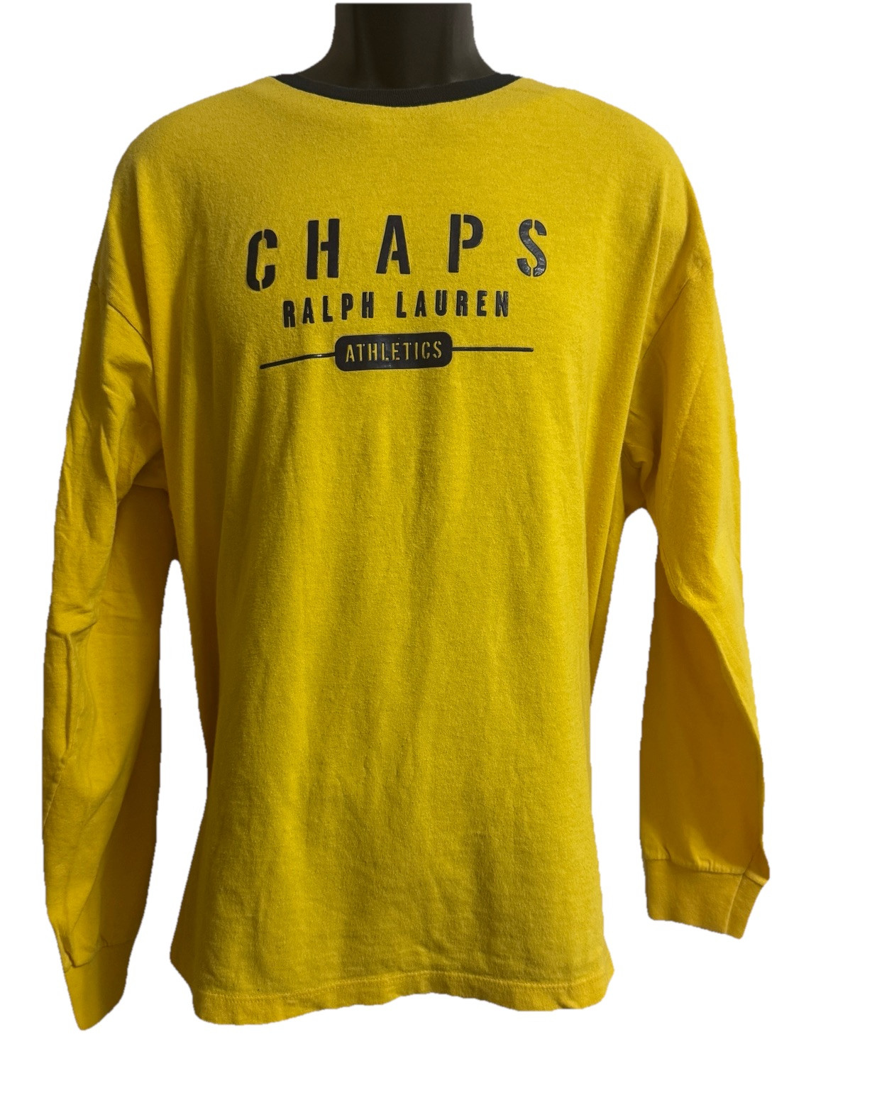 Vintage Chaps Ralph Lauren Spellout L Yellow Blue Ringer Tee Long Sleeve USA