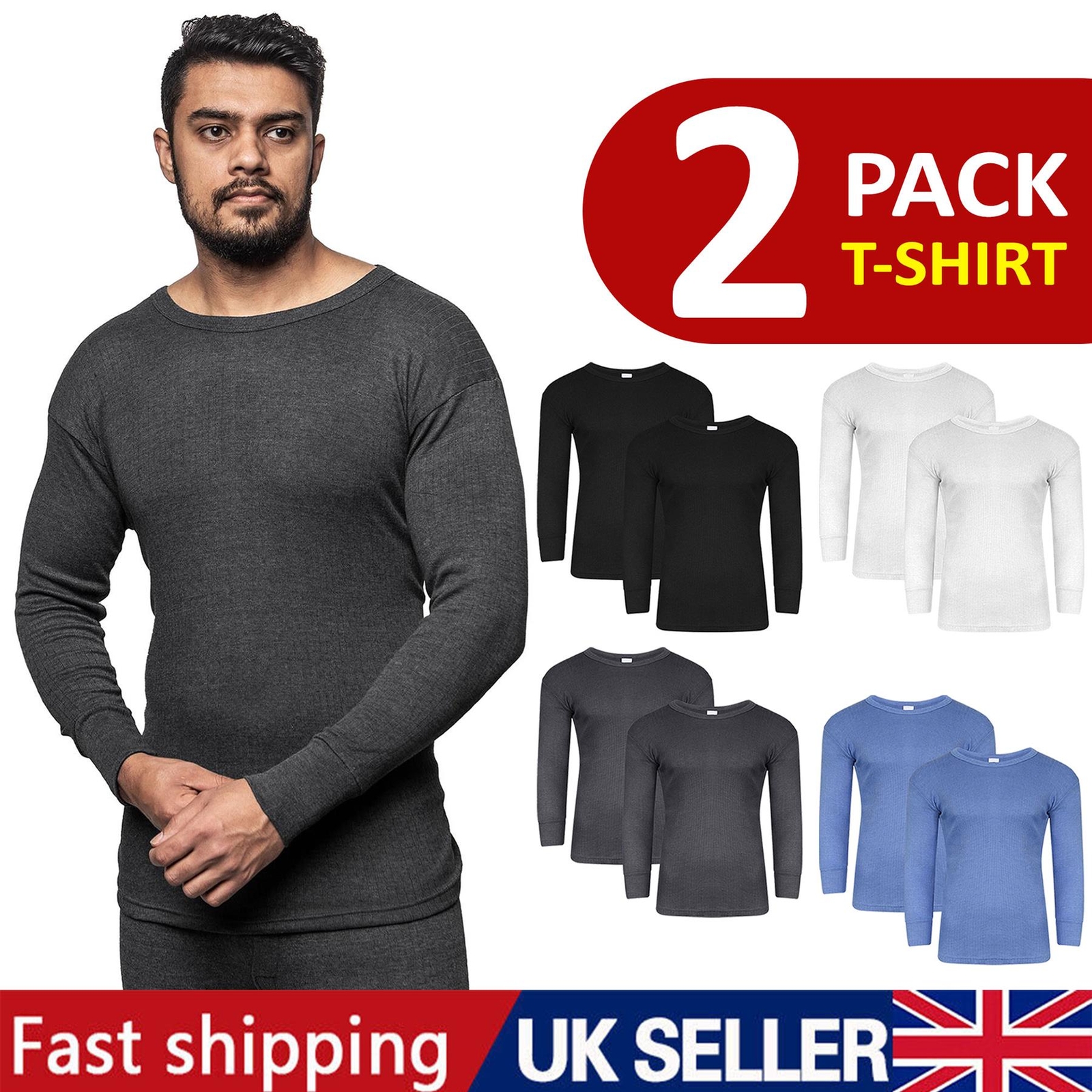 2 Pack Mens Thermal Long Sleeve Top Ski Warm Winter Brushed Vest T-Shirt S-XXL