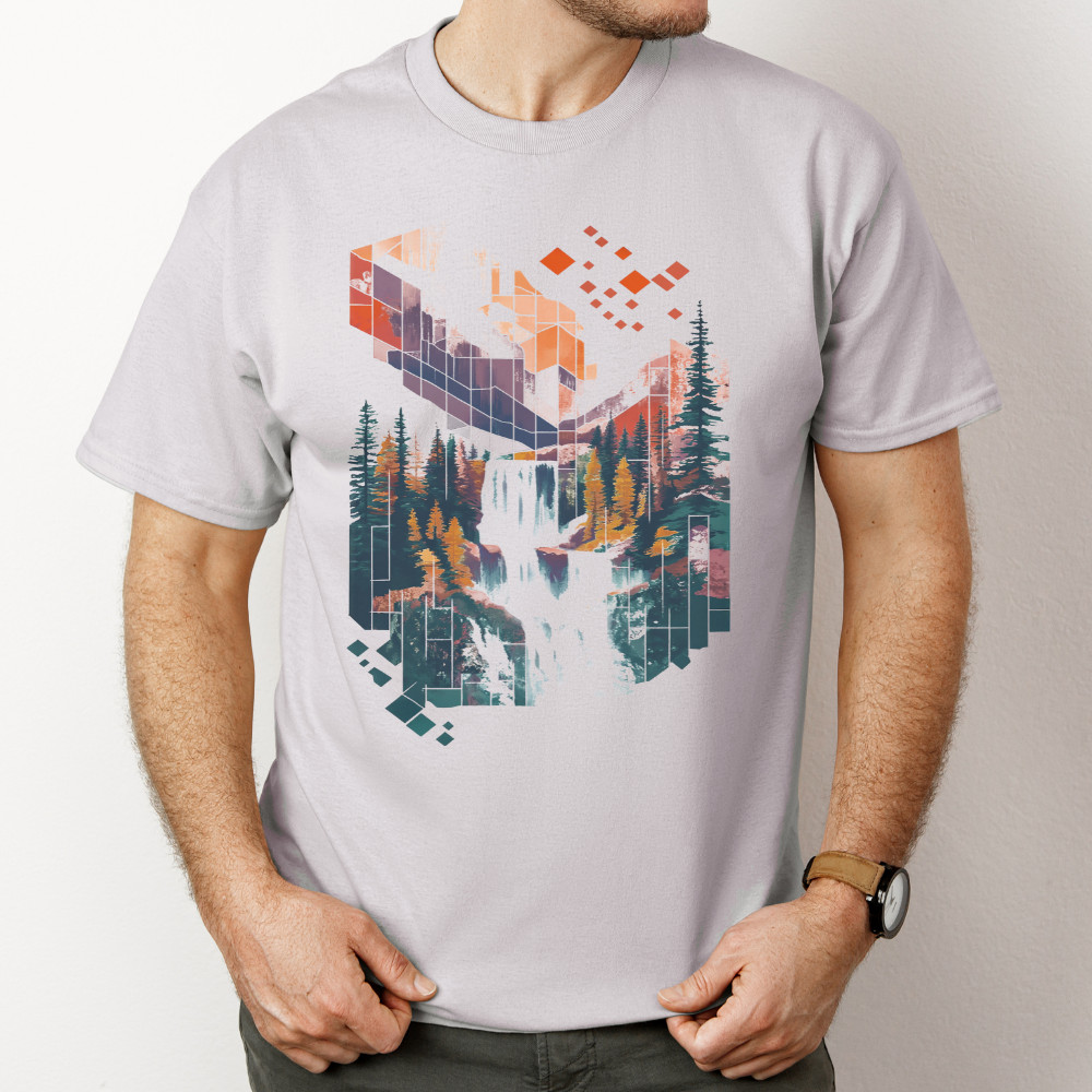 Abstract Waterfall Shirt Geometric Mountain Landscape Tshirt Cotton Light Gray gallery