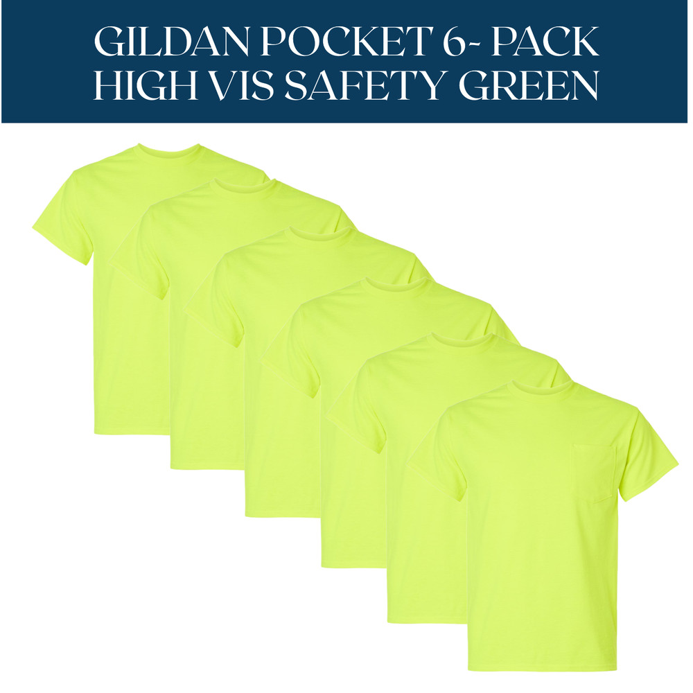 6 Pack Gildan POCKET Tshirts 100% Cotton High Vis Safety Green Unisex Crew Neck