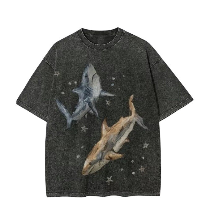 Y2k Acid Wash Shark Graphic T-Shirt Unisex 100% Cotton Oversized Tee Black