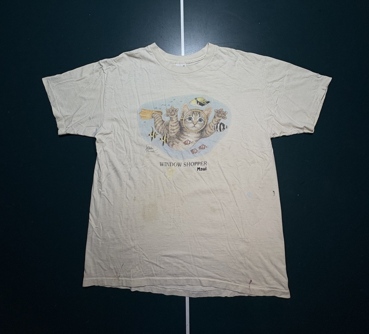 Vintage 90s Bob Harrison Cat Fish Window Shopper T-Shirt Size XL Single Stitch