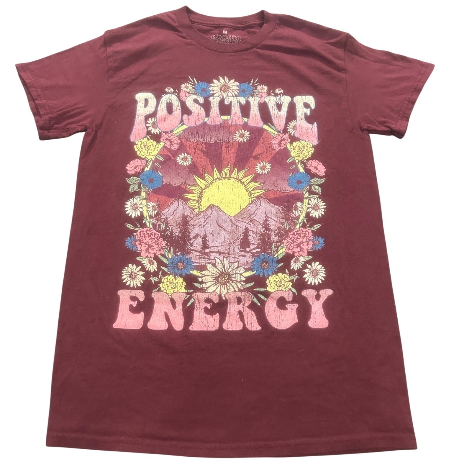 Goodie Two Sleeves Positive Energy Graphic T-Shirt Maroon Sun Flowers Mens M gallery